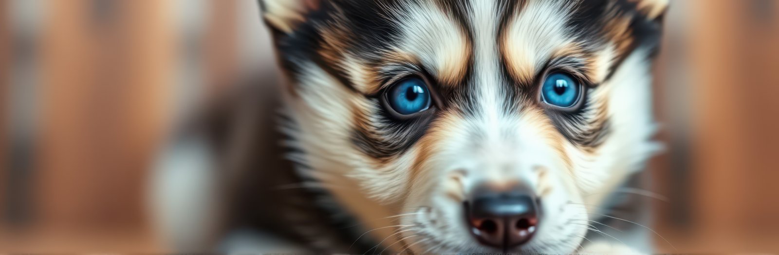 Cute and Adorable Siberian Husky Puppy with Blue Eyes Closeup Portrait in Warm Colors